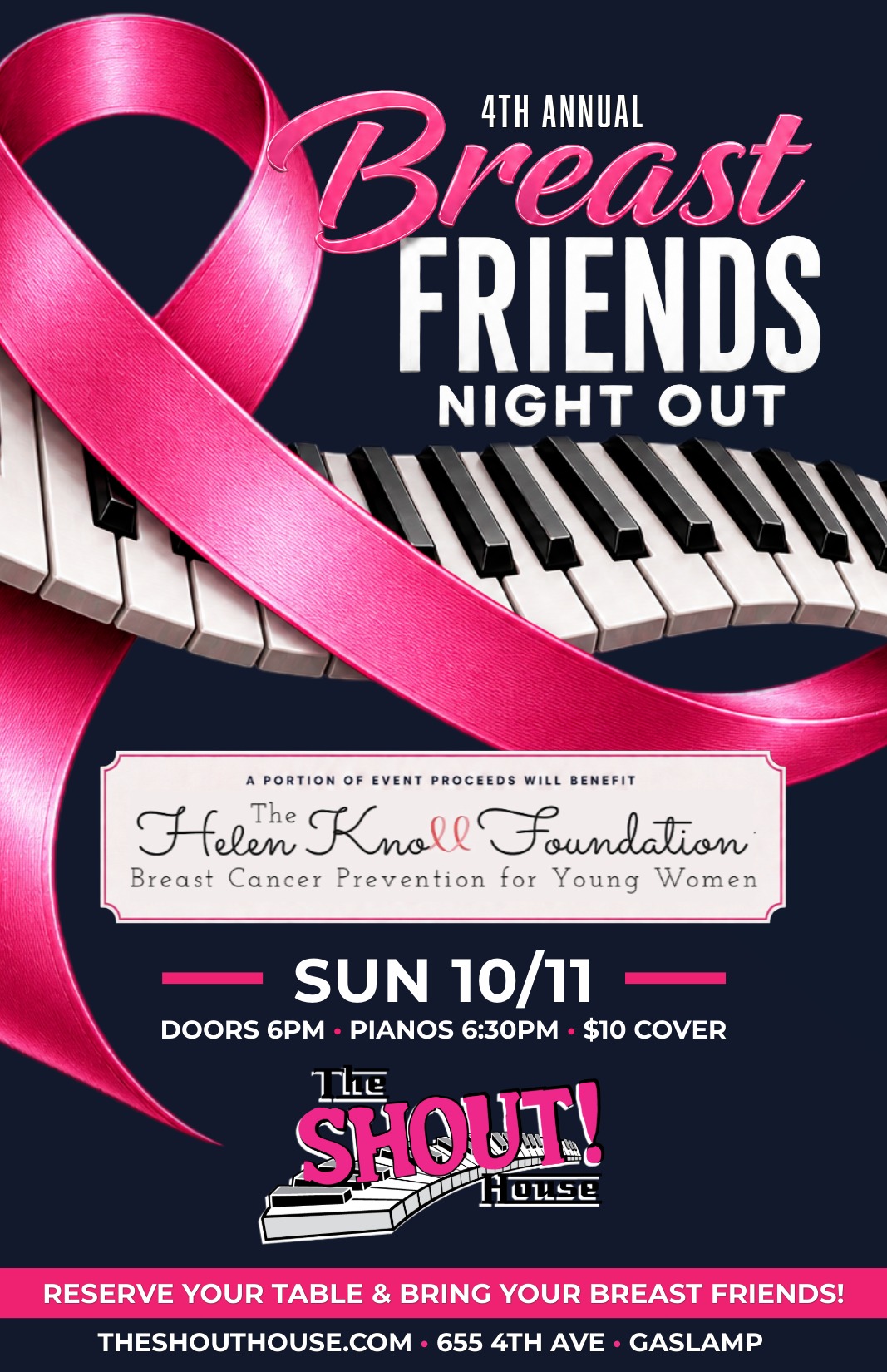 Breast Friends Night Out breast cancer fundraiser and dueling pianos at The Shout! House in San Diego on October 11, 2026