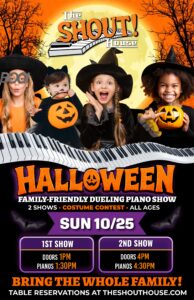 Children in Halloween costumes holding jack-o’-lantern buckets for the Family-Friendly Halloween Show at The Shout! House
