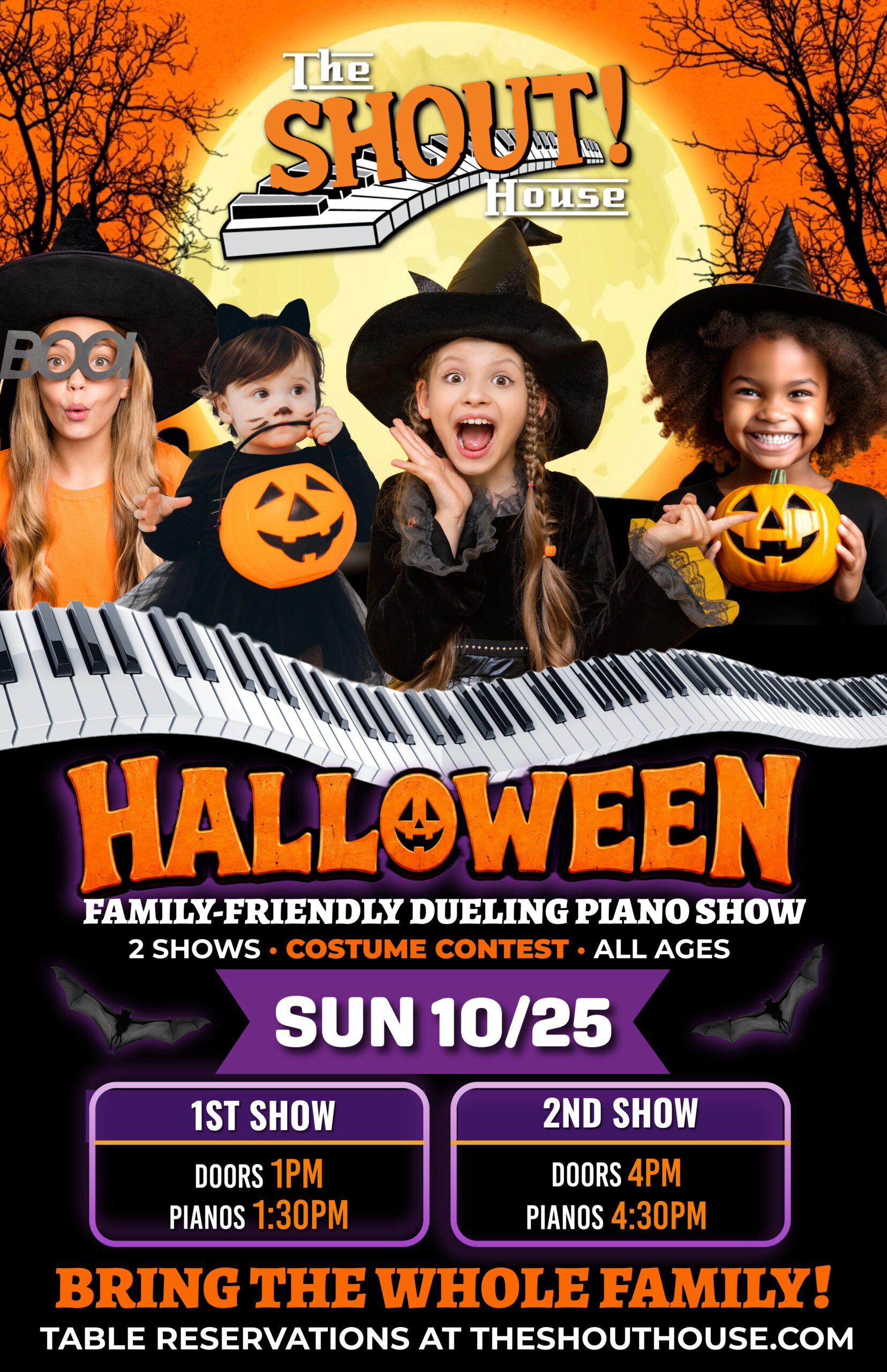 Children in Halloween costumes holding jack-o’-lantern buckets for the Family-Friendly Halloween Show at The Shout! House